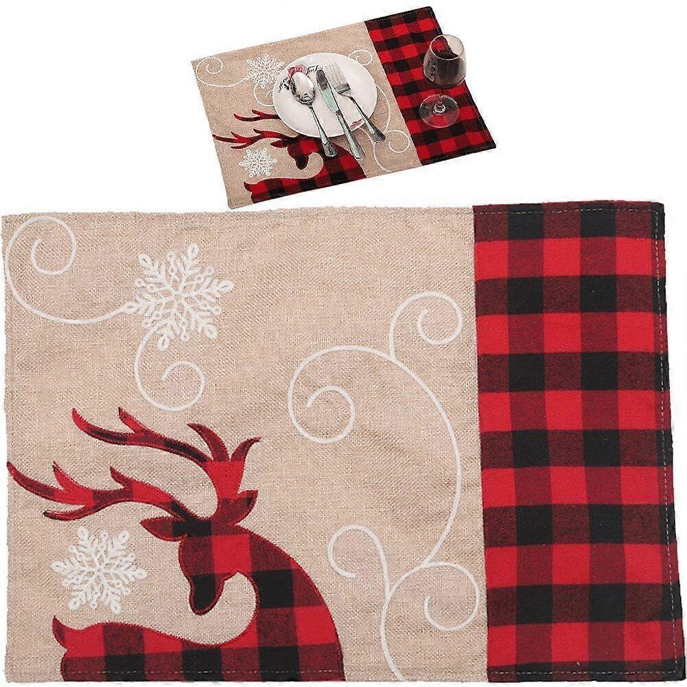 Christmas Table Mats 2 Pieces Red Elk Design Dining Table Coasters Soft Cushioned Material for Holiday Decor
