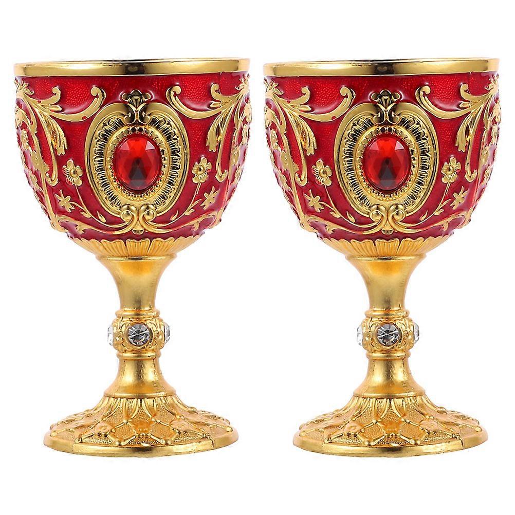 Steel Cups Drinking Vintage Alloy Liquor Cup Embossed Wine Goblet Home Use Small Red 2Pack