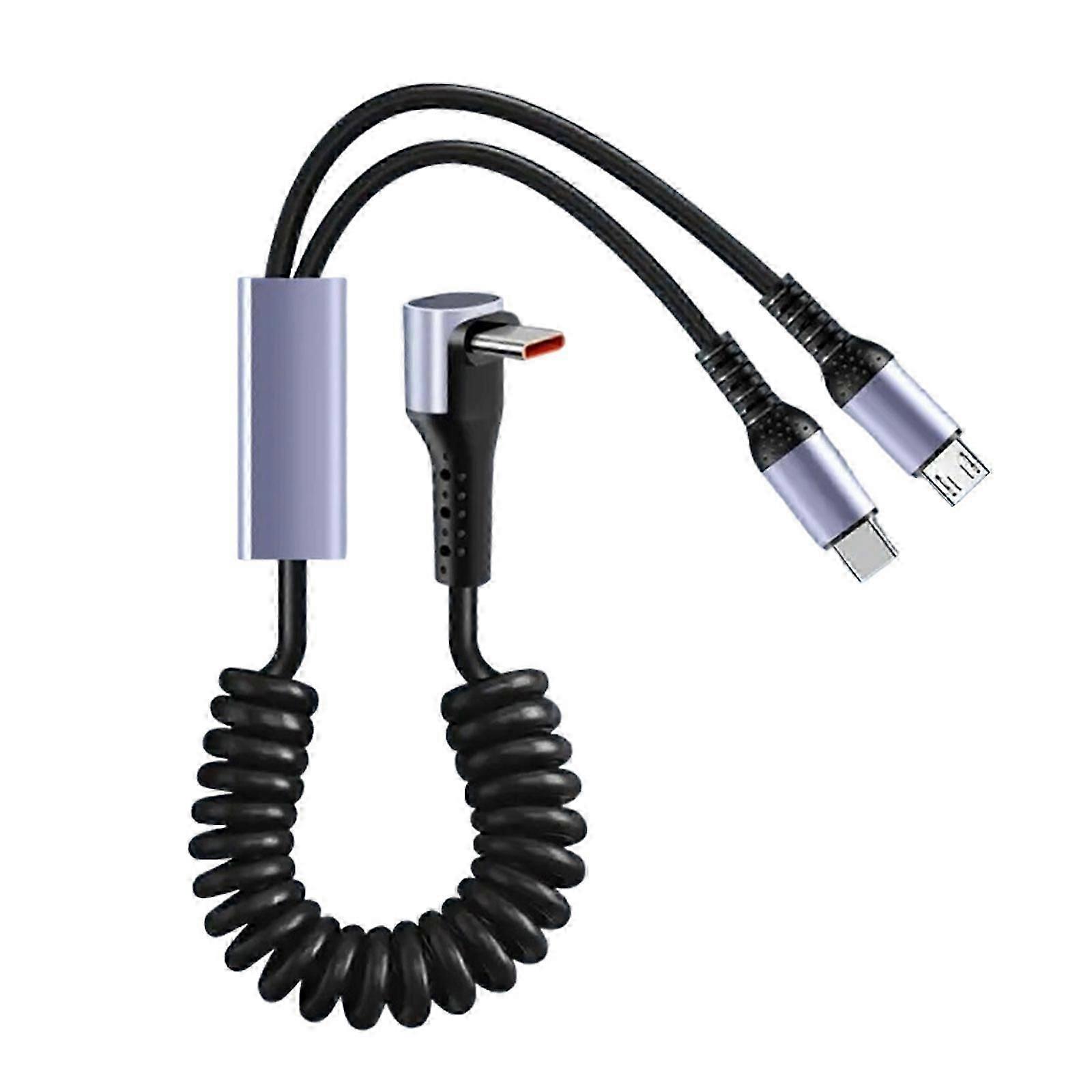 2 in 1 MicroUSB & Type C Car Charging Cable with Stretchable Spring Charging Data Cable for Multiple Devices