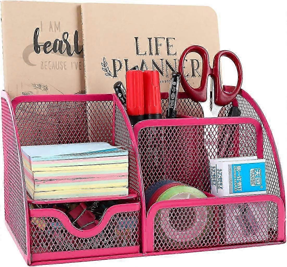 Office Mesh Desk Tidy Versatile Stationery Storage Desktop Organiser Pen Holder with Drawer,Pink
