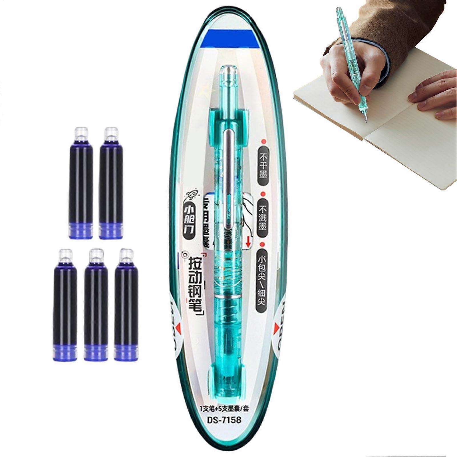 Fountain pen Leakproof writing instrument, 0.38 mm cartridge filler with 5 refill cartridges for school, notes, diary, sketches, green.