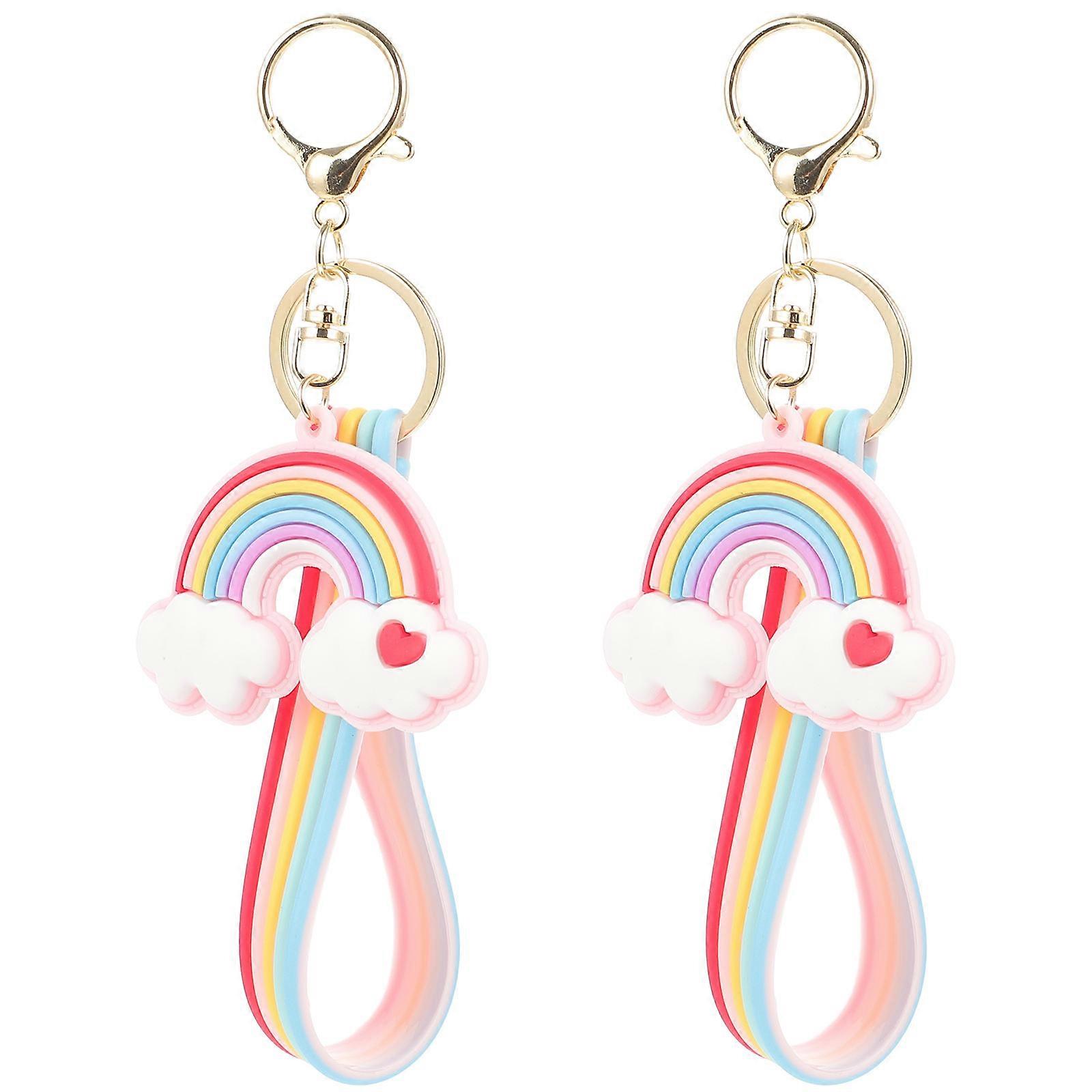 Rainbow Hanging Key Chain Heart-Shaped Silicone Metal Key Pendants For Car Key Accessory 2Set