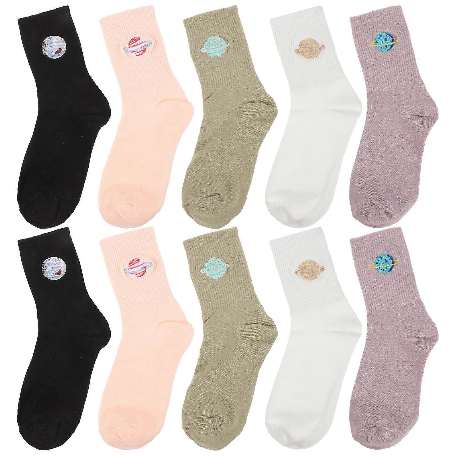 5 Pairs Women's Breathable Tube Socks with Cotton Embroidery Planet Design, Soft and Stretchy for Sports and Daily Use