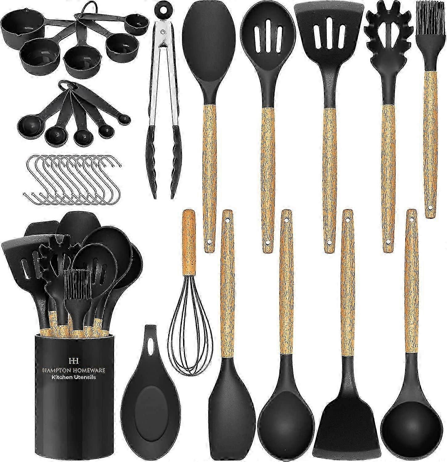 Kitchen Utensils Set, 33 Pcs Non-stick Silicone Cooking Utensils Set, Heat-resistant Silicone, Wooden Utensils For Cooking, Kitchen Gadgets Spatula Se