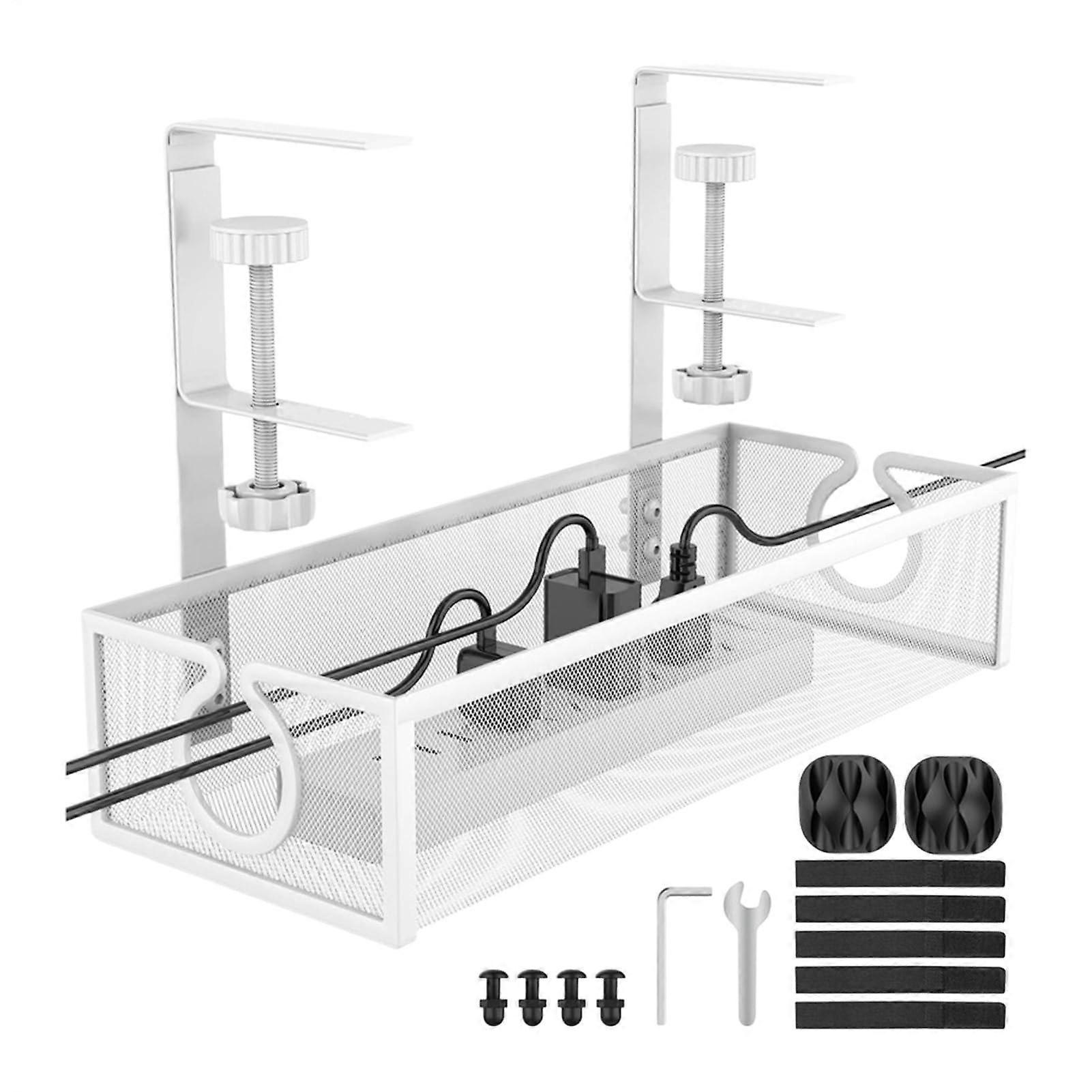 Cable Organizer for Desk with Metal Wire Management Tray, Reusable Under Desk Cord Holder for Home Office, White