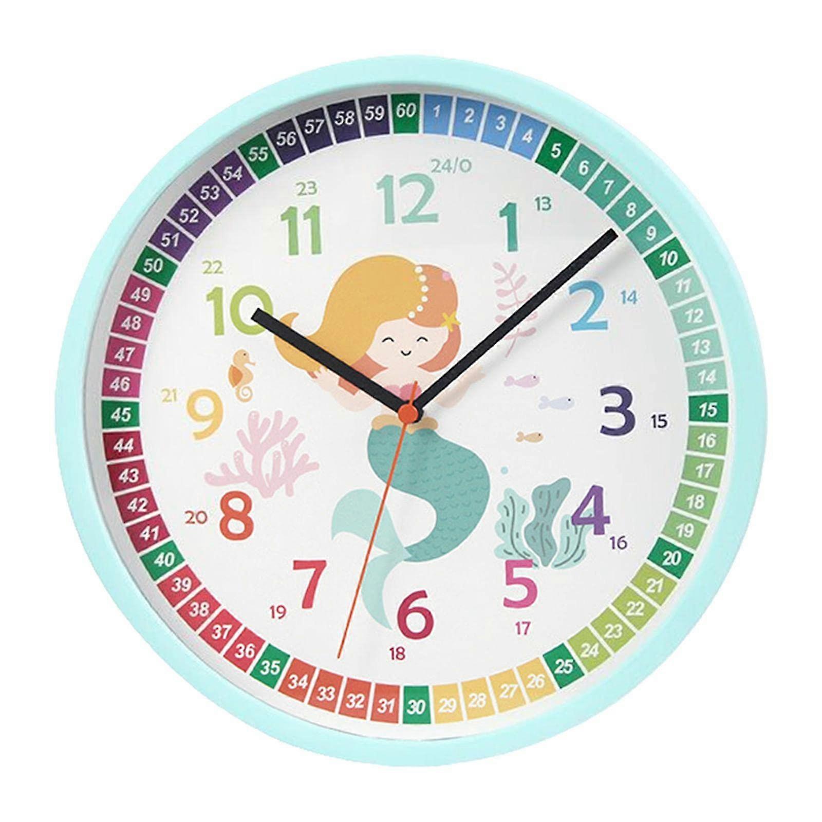 Interactive Learning Clock for Kids Mermaid Theme Silent Analog Clock for Homeschooling Classroom Playroom