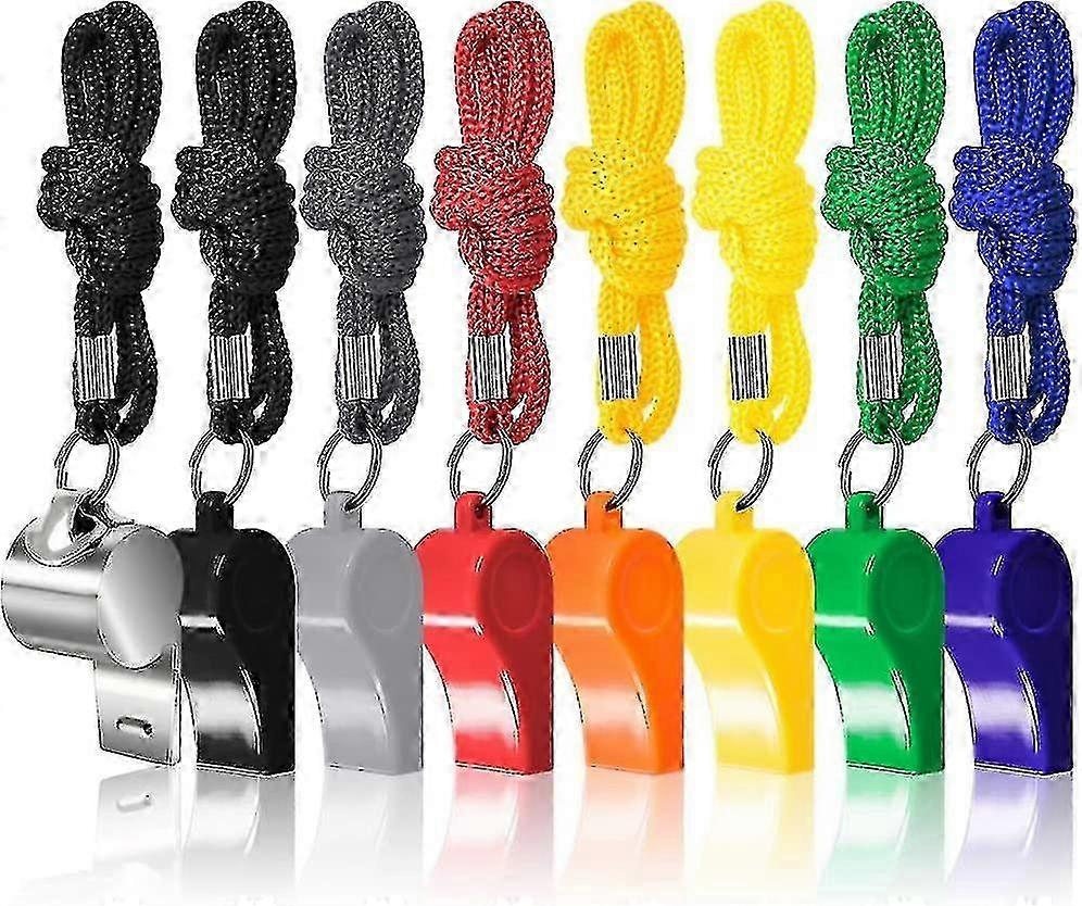 Pacote com 8 Apitos de Árbitro com Cordões, Plástico Colorido e Aço Inoxidável Apitos Esportivos para Treinadores, Salva-vidas, Futebol