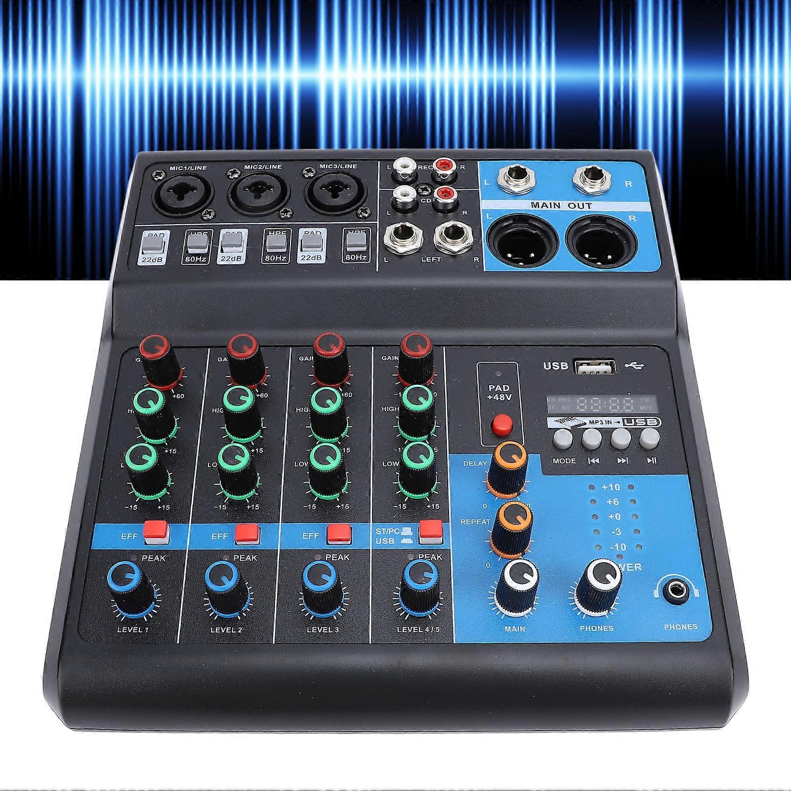 DJ Mixer 5-Channel Metal Sound Board with Reverb & Delay Effects