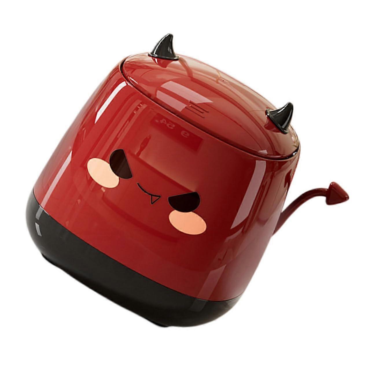 Mini Desktop Trash Can With Lid, Quiet Operation, SpaceSaving Desk Bin, Red, Cute Demon Design, Small Office Bin