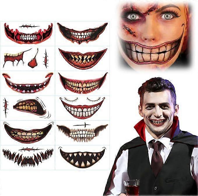 12PCS Halloween Fake Tattoos, 2025 New Halloween Prank Makeup Temporary Tattoo, Zombie Makeup Face Stickers, Mouth Tattoo Temporary Horror for Party C