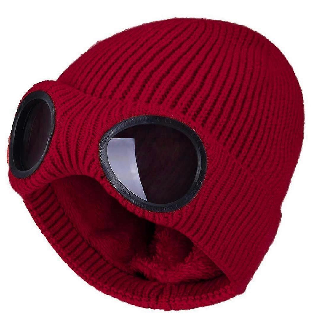 Unisex Goggle Knitted Beanie Hat Windproof Warm Winter Hat One Size Skull Cap Wine Red
