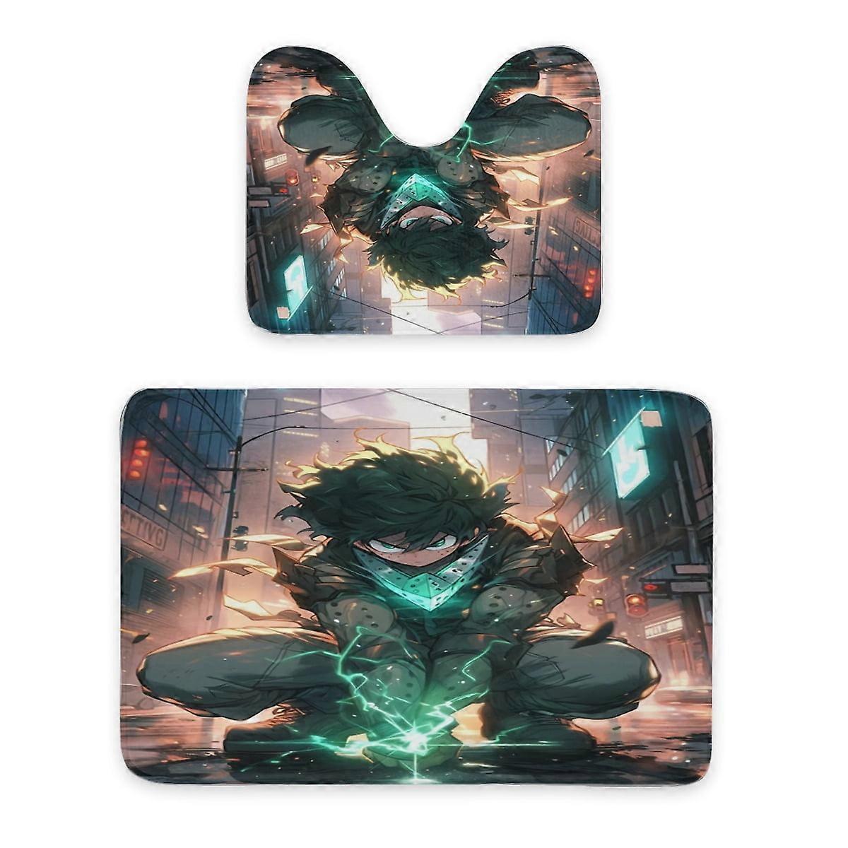 My Hero Academia Bathroom Rug Set 2pc - Fluffy Non-Slip Bath Mat & U-Shaped Toilet Rug, Machine Washable, 61*90cm