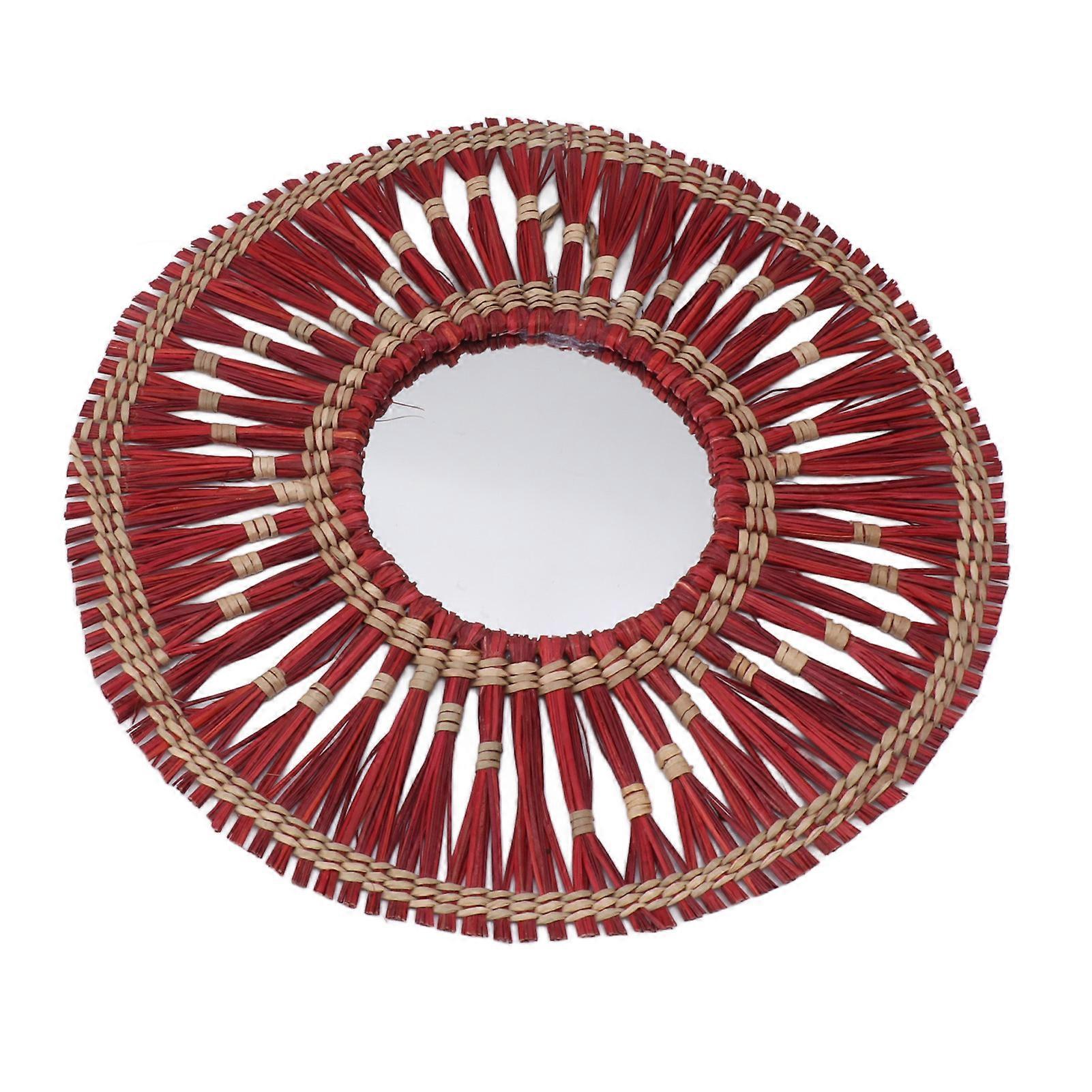 Woven Round Seagrass Wall Mirror 40cm Red Decorative Hanging