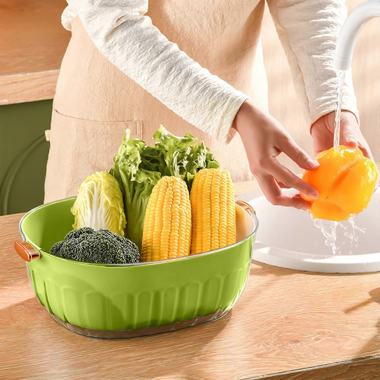 Kdkad Double-Layer Draining Basket, Plastic Fruit & Veggie Washing, Storage Basket, Stackable Sink Drain for Kitchen
