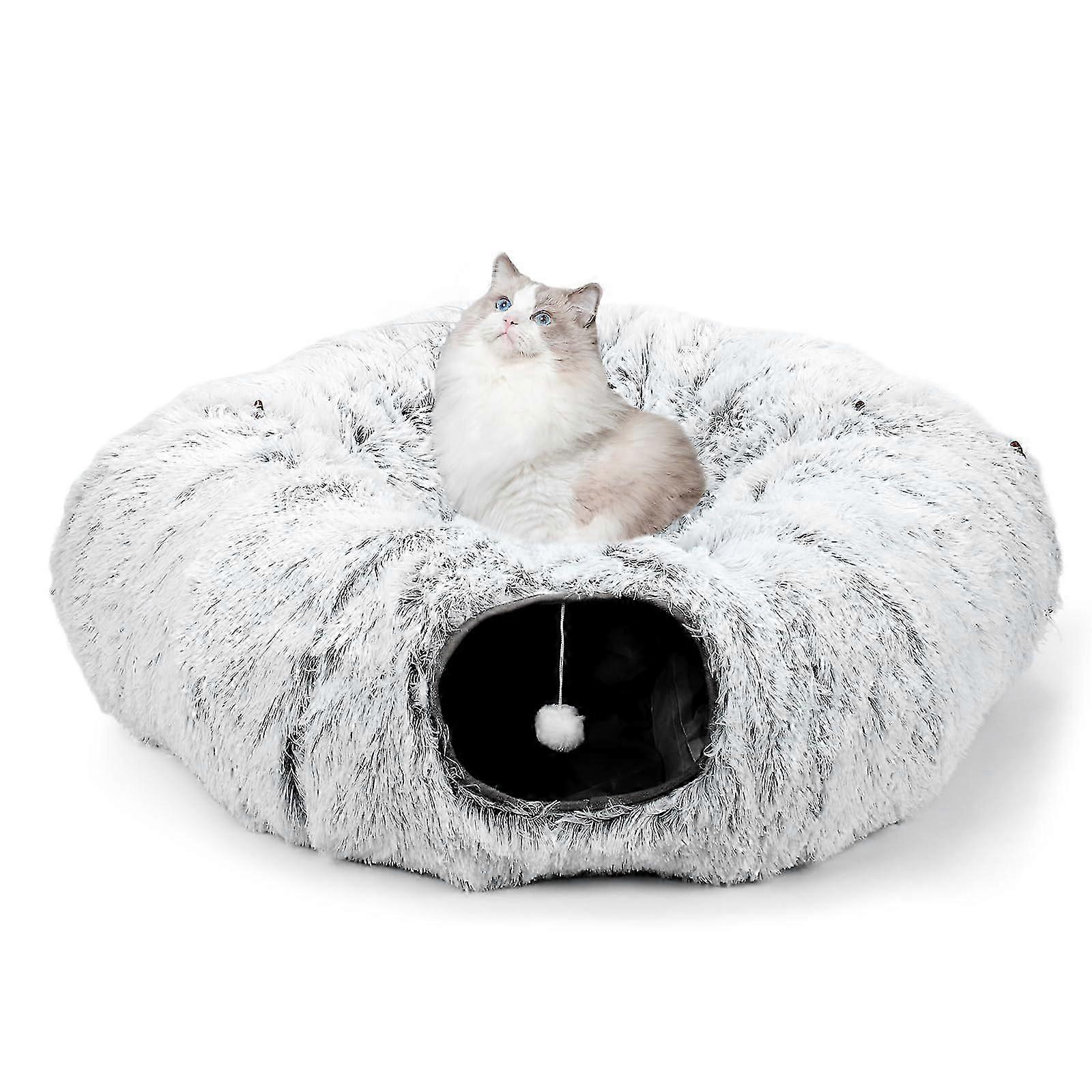 Large Plush Cat Tunnel Collapsible Washable for Kittens and Adult Cats - Soft Fabric, Spacious Design, Gray Color