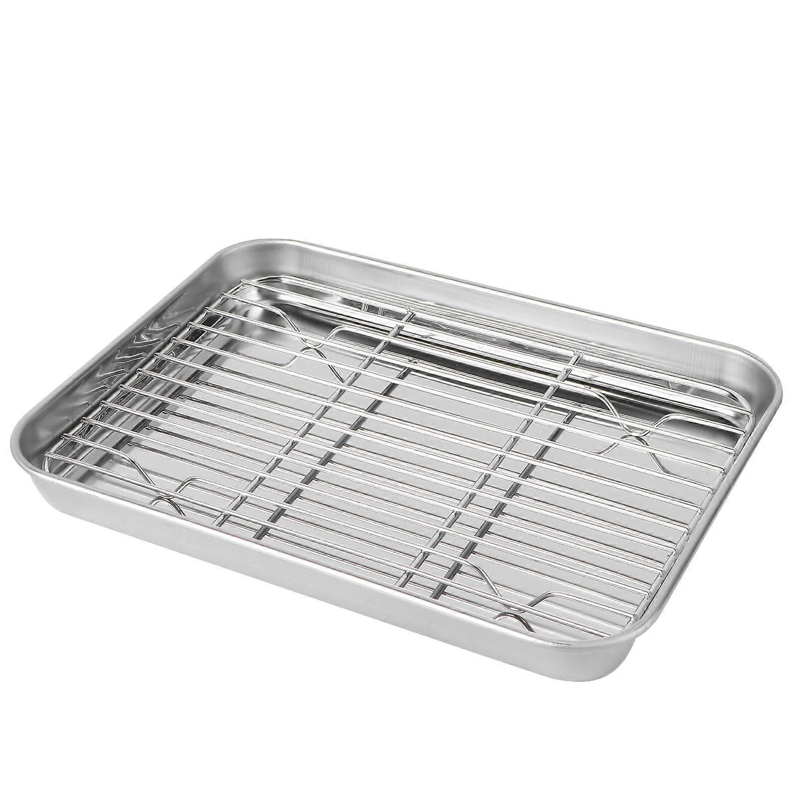 2 Pieces One Set Rectangular Baking Tray Draining Oil with Grid Rack Stainless Steel Baking Pan Sheet with Removable Cooling Rack (23x17x2.5 cm)