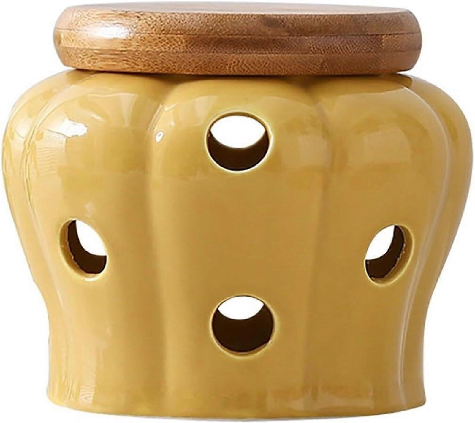 Garlic Keeper with Ventilation Holes, Large Ceramic Storage Jar for Countertop, Yellow with Spoon