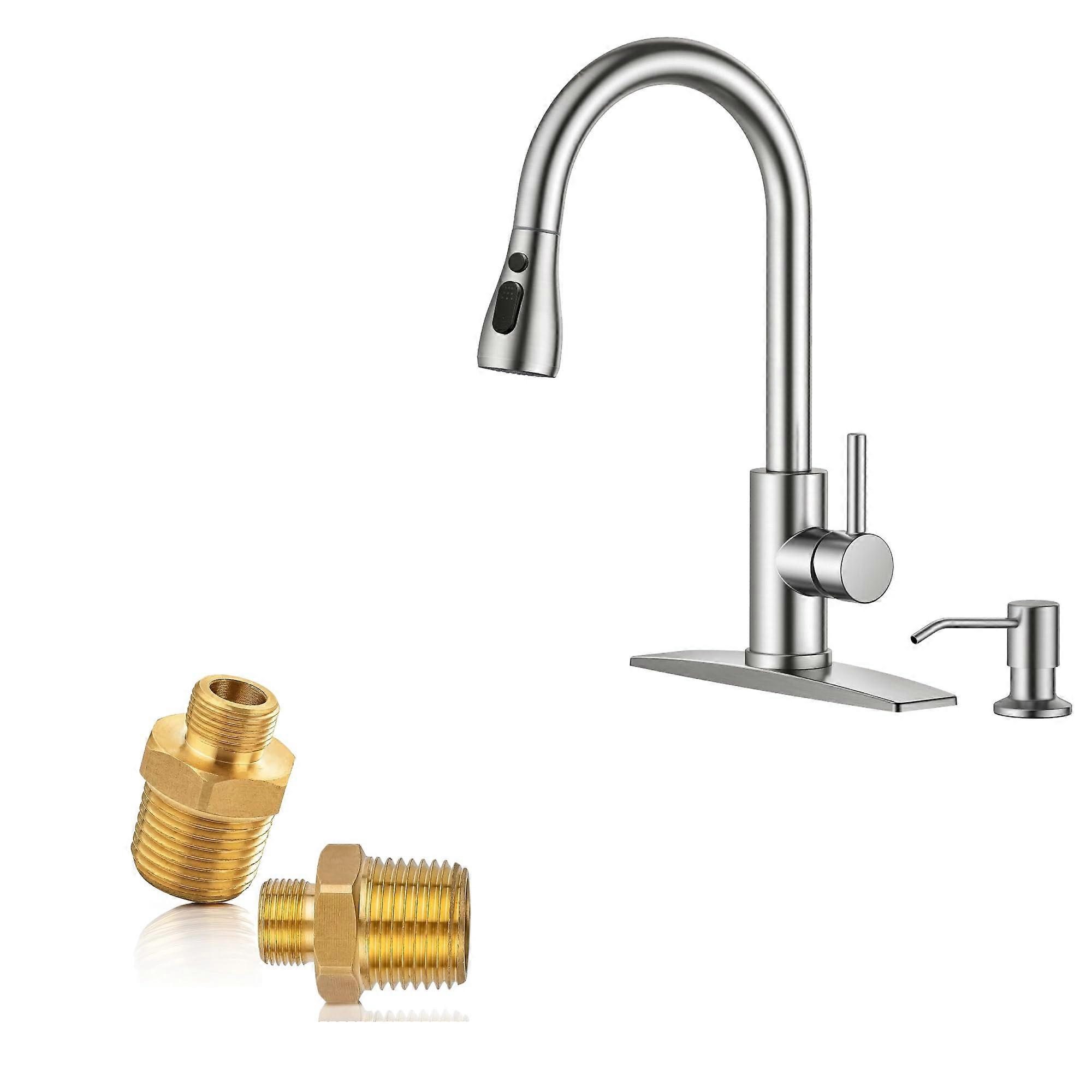 Brushed Nickel Pull Down Kitchen Faucet with Soap Dispenser SUS304 360° Rotation 3 Spray Modes