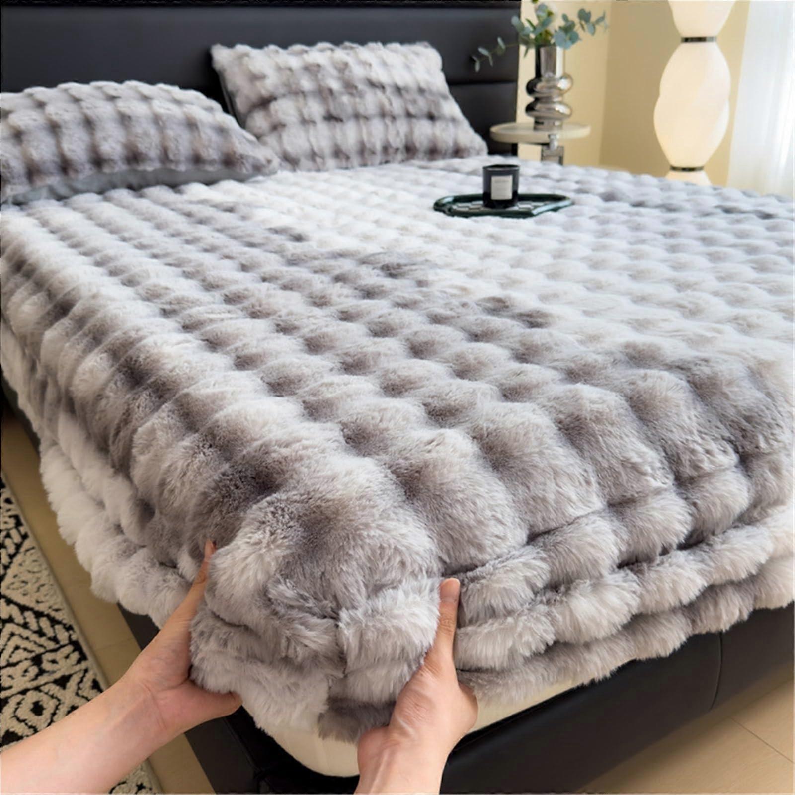 Fleece Fitted Sheet Full Size Gray Warm Plush Faux Fur NonSlip Fluffy Bedding for Winter
