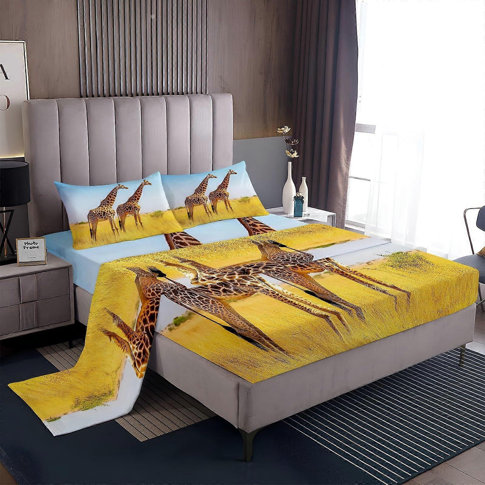 Queen Size Microfiber Bed Sheets Set with Deep Pockets, Soft Breathable 4 Piece Giraffe Print