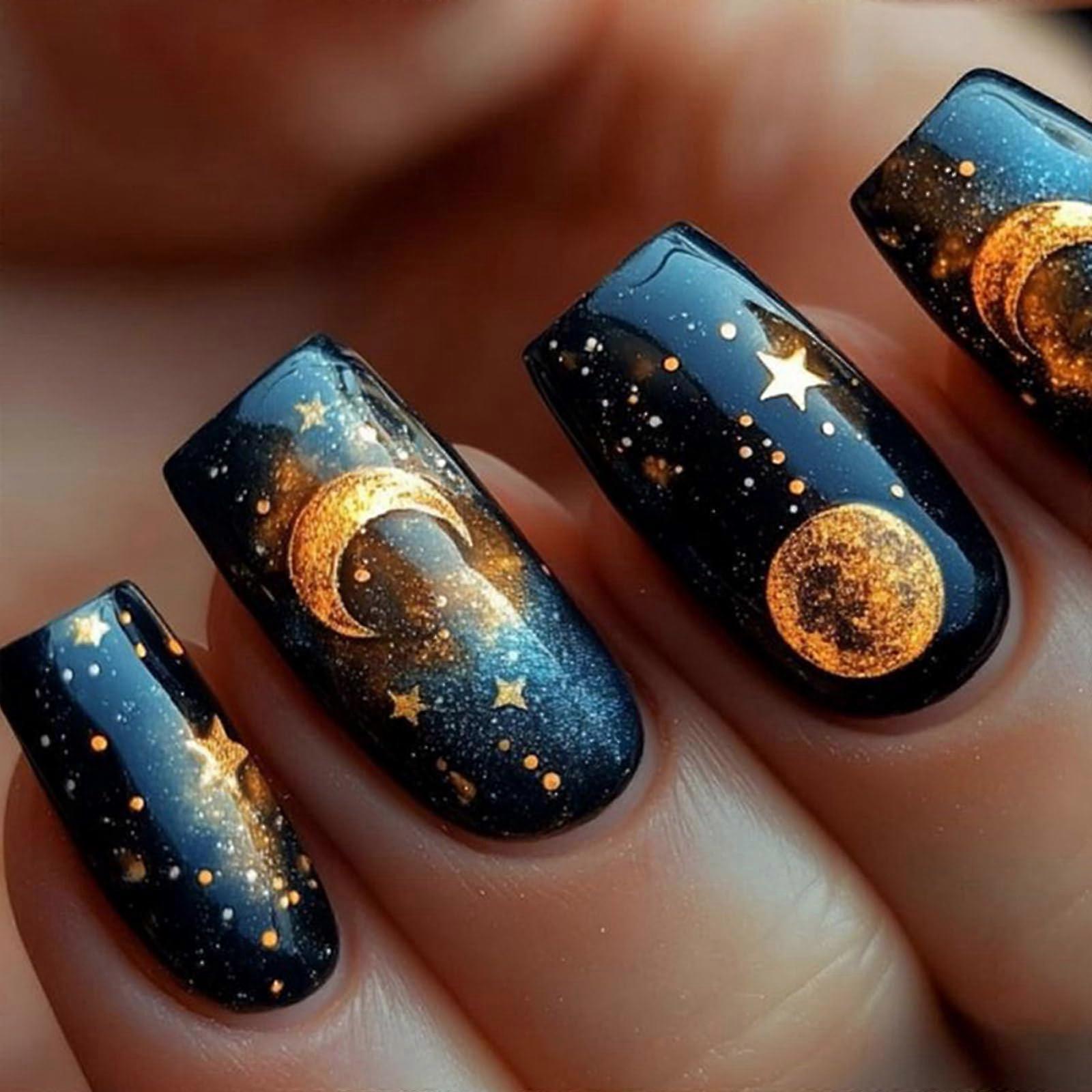 Space Themed Press On Nails Moon and Star Acrylic Glossy Full Cover Set for Women 24 Pcs