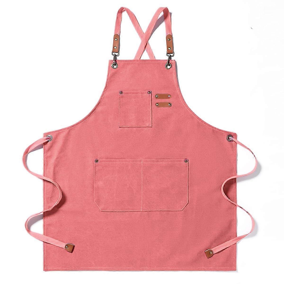 Canvas Kitchen Apron with Adjustable Crossback Strap and Multiple Pockets for Cooking BBQ Pink