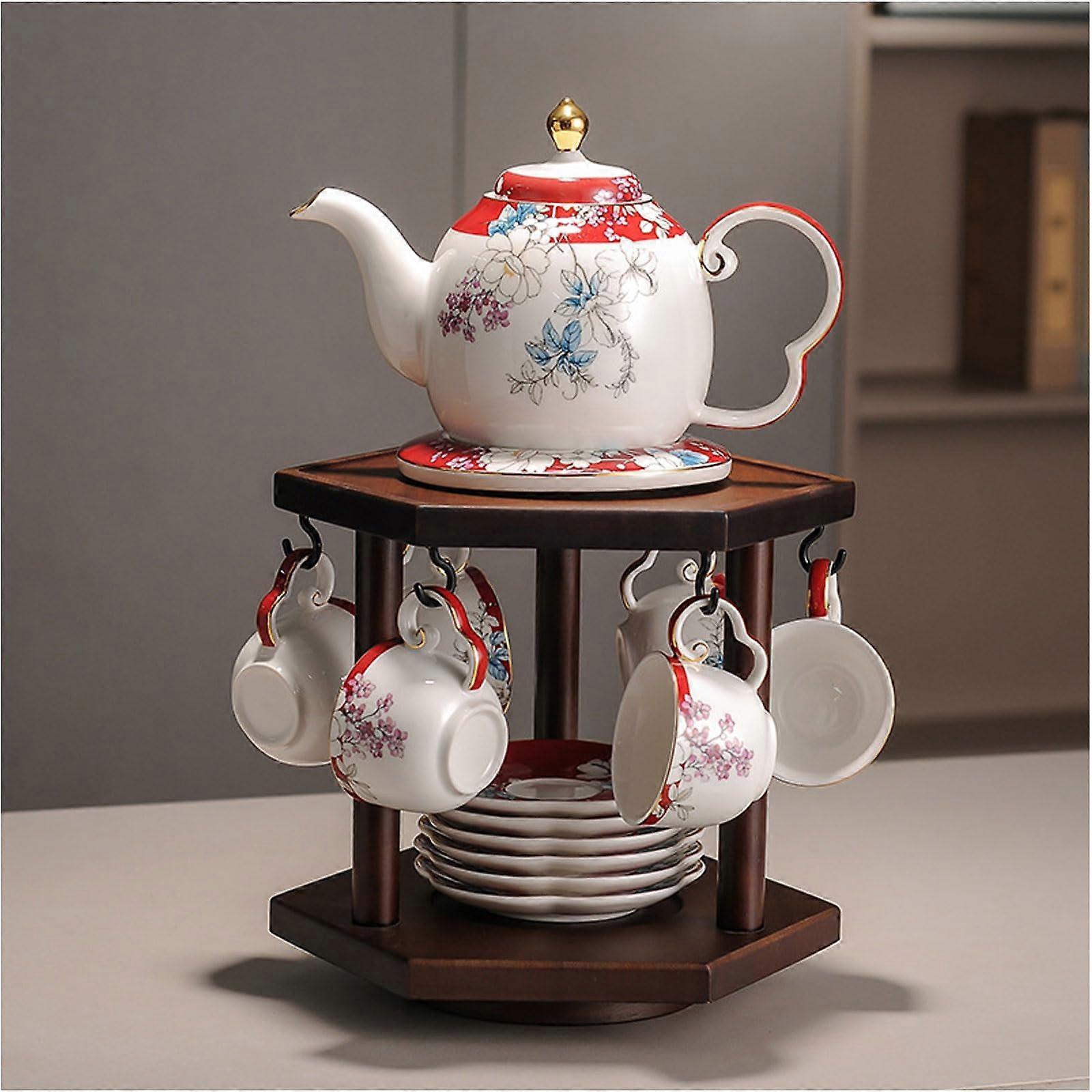 Chinese Ceramic Tea Set with Teapot and Cups, HandPainted Floral, Solid Wood Rack, Red