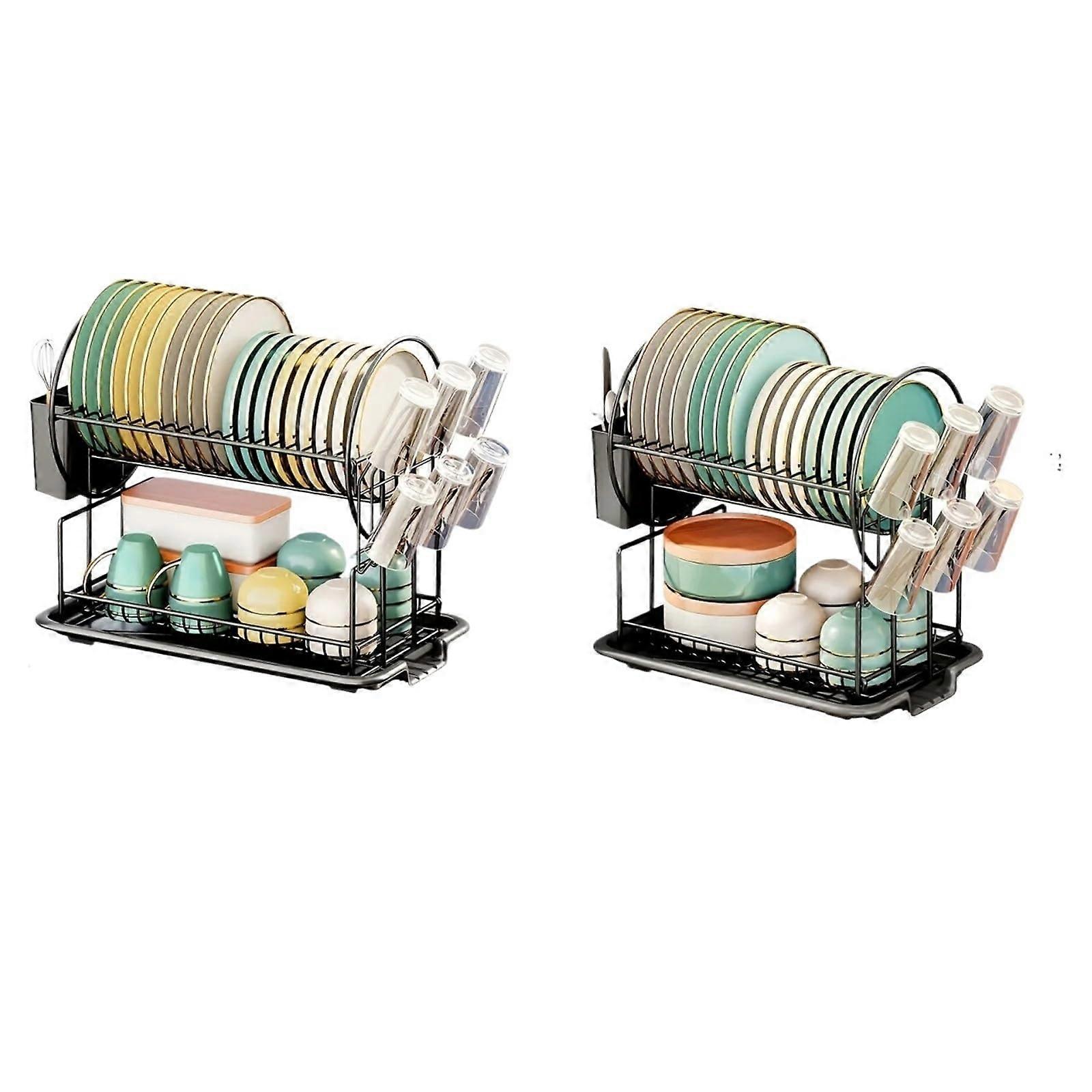 2 Tier Dish Drying Rack with Drainboard, Utensil Holder, Cup Stand, Knife Storage, Medium Black