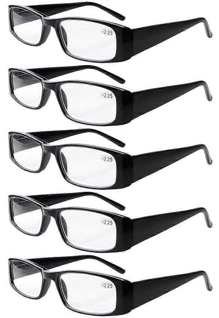 Reading Glasses +2.00 Black Frame, Spring Hinge Rectangular Readers with Clear Lenses 5Pack