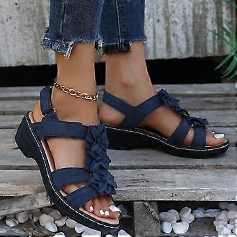 UTTOASFAY Damesandaler Sommer Dame Hjemmesko Casual Damesko Romerske Casual Kilesandaler Blomstersandaler Mørkeblå 6.5