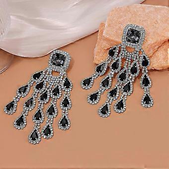 Heavy-duty full diamond earrings exaggerated high-end black diamond tassel earrings 925 silver rhinestone gemstone earrings silver