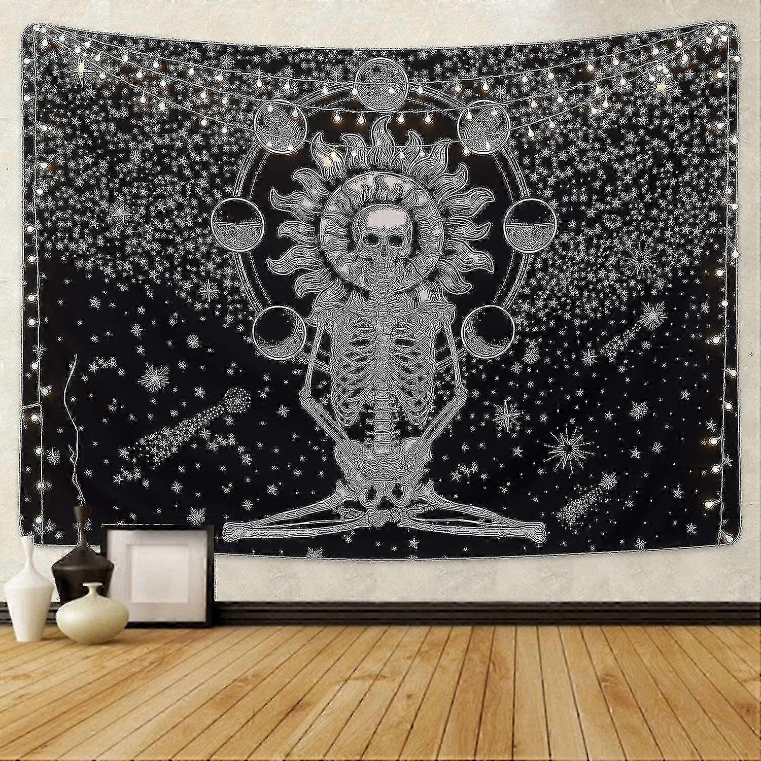 Skull Meditation Skeleton Chakra Starry Black White Tapestry