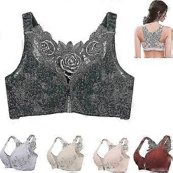 Plus Size Wireless Front Closure Bra with Embroidery Back, Seamless Breathable Support