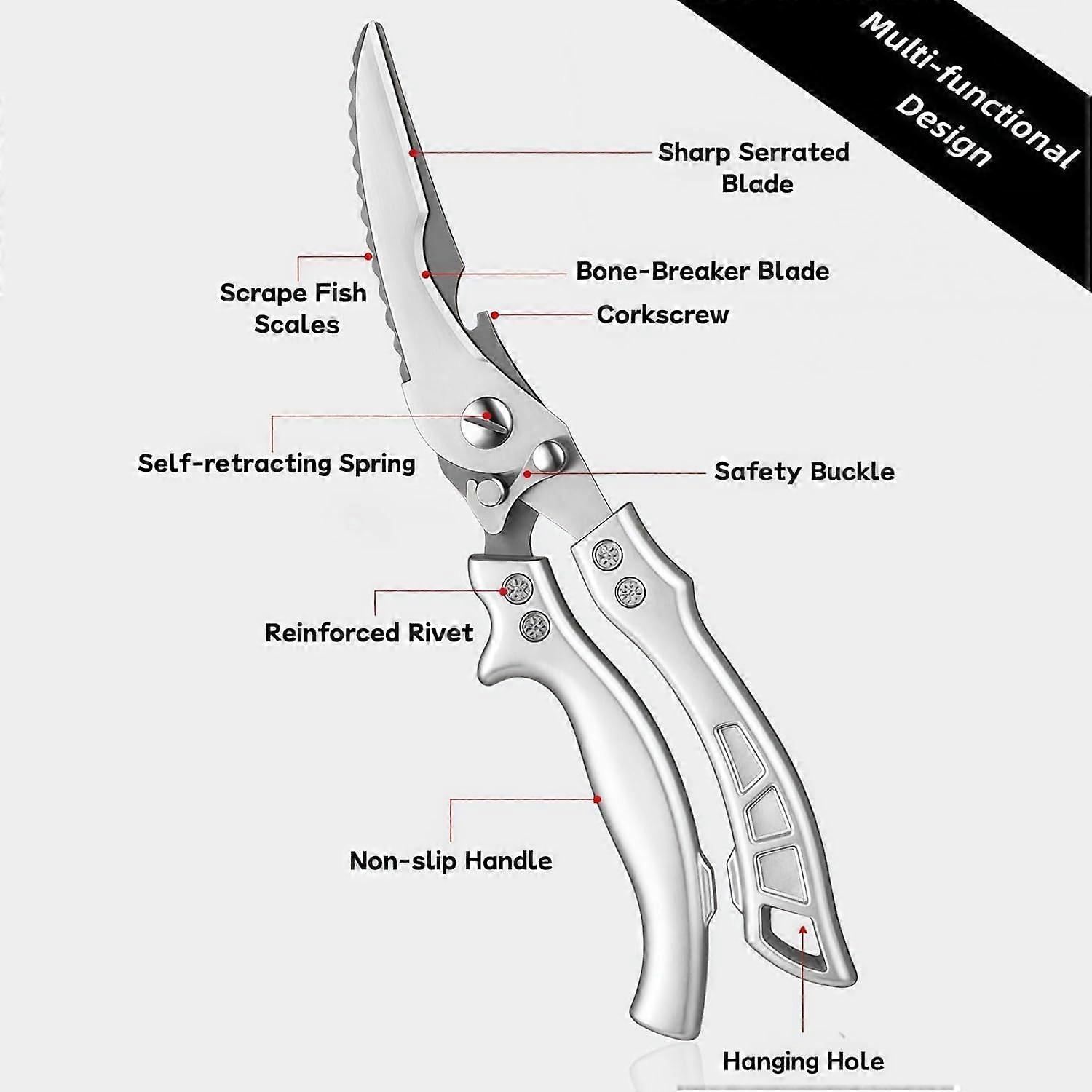 Two multi-purpose scissors for poultry, kitchen, bones, meat and fish, with safety locks.