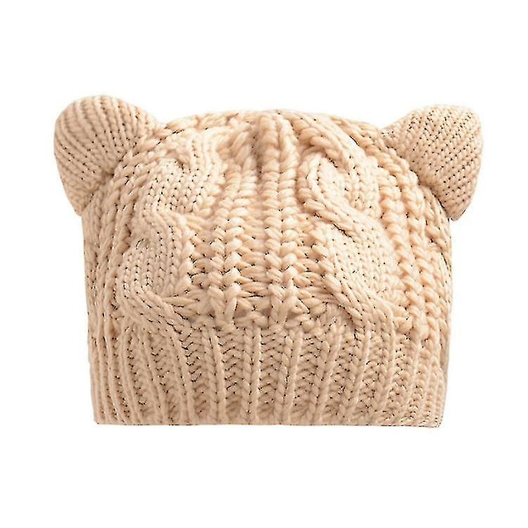 Hats Beige Ladies Autumn And Winter Wool Beret Twisted Cat Ears Shape Hat Knitted Warm Hat Size:one Size