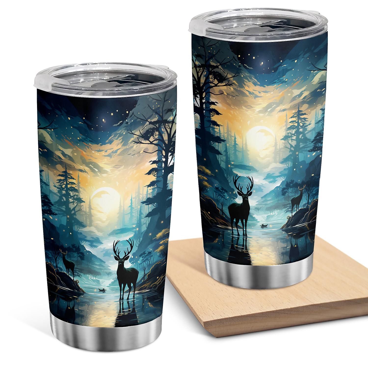 Oasisdream Stainless Steel Tumbler with Elk in Forest Printed 20oz Double Wall Vacuum Insulated Cup for Coffee and Tea