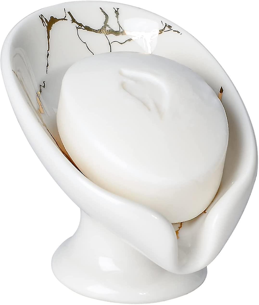 Soap Dish, Self Draining Soap Rack Ceramic Marble Look Leaf Shape White Soap Dish For Bathroom Shower