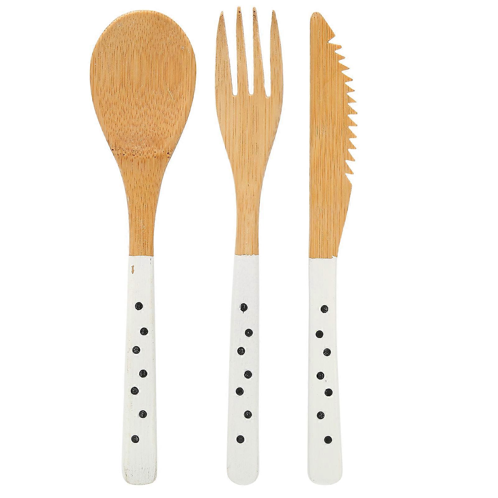 3Pcs Fork Spoon Knife Set with Dot Pattern Kitchen Tableware for Home School RestaurantWhite Dot