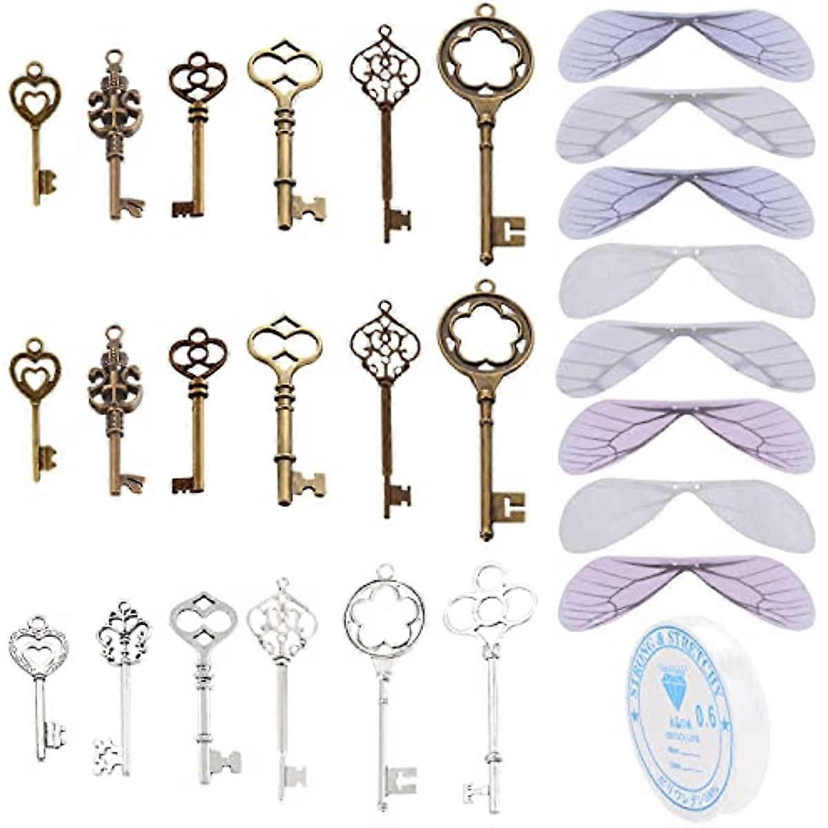 6 Styles Vintage Skeleton Keys Pendants 4 Colors Dragonfly Wing Charms Antique Flying Key Charm with 11.48 Yards Elastic Crystal String for DIY Art Cr