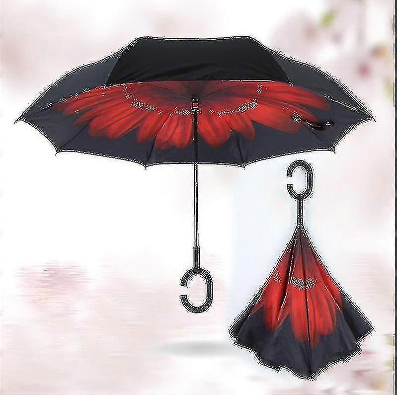 C- Parasol Folding Rain Windproof Umbrella Double Layers Inverted Reverse--red Chrysanthemum
