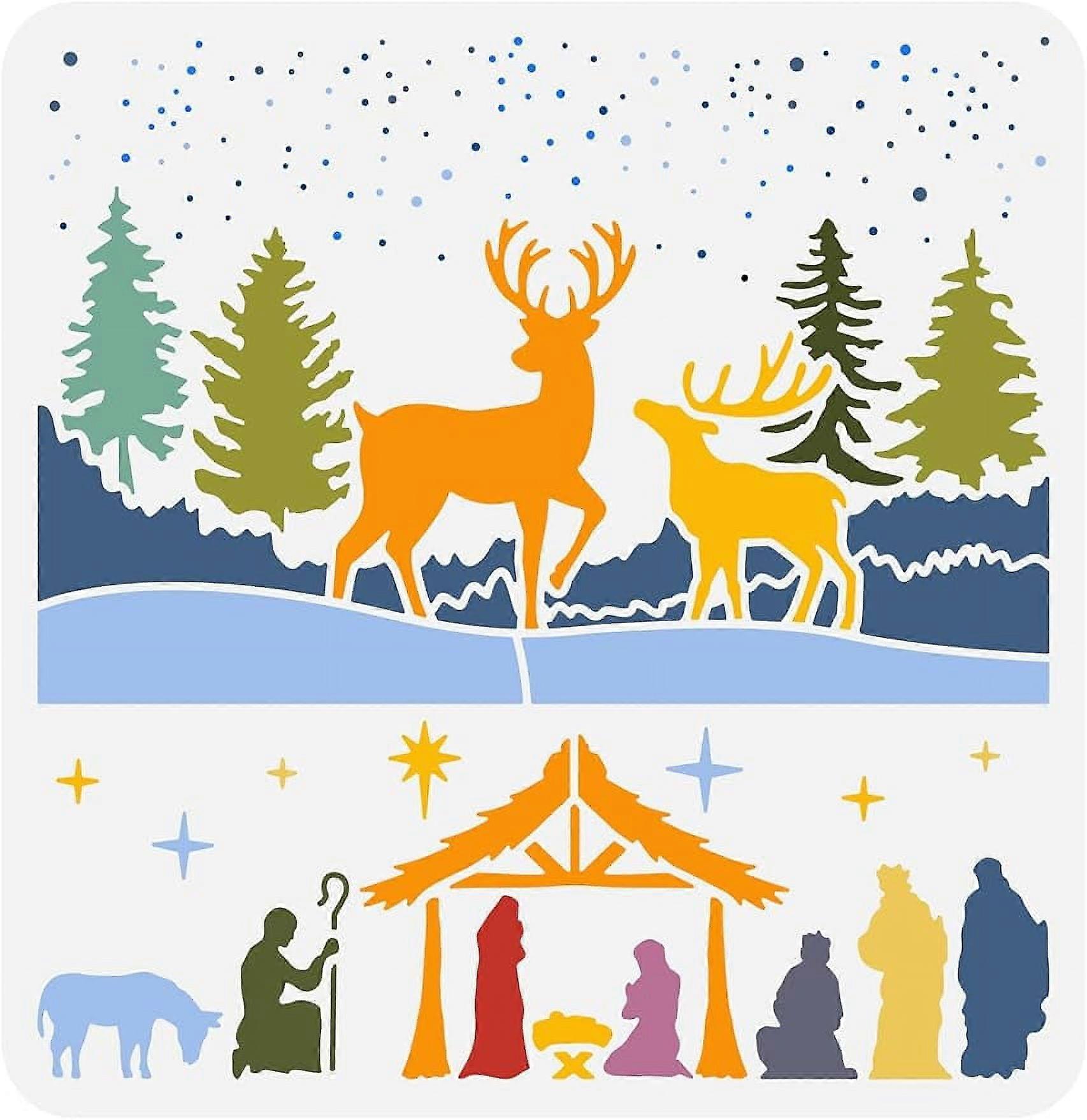 1Pc Christmas Deer Stencil Christmas Nativity Scene Stencil Template Plastic Forest Deer Stars Snow Pattern Stencil