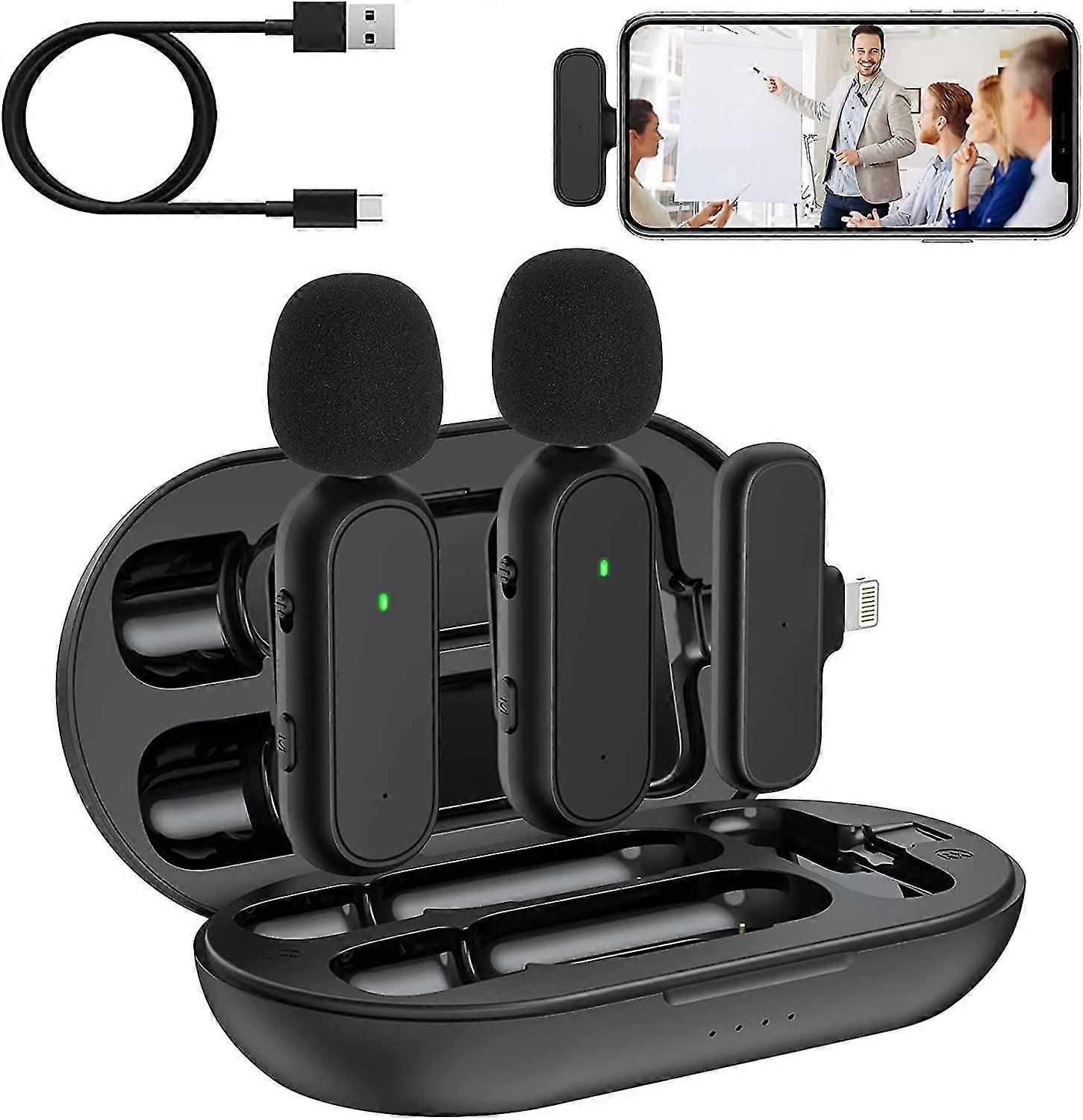 2 Pack Wireless Lavalier Microphone, Plug-play Wireless Microphone For Iphone Ipad, With Charging Case, Noise Reduction, Clip On Lapel Mic For Video R