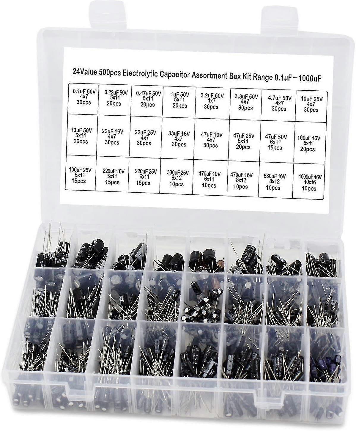 500pcs Aluminum Kit Scope Electrolytic Capacitor Assortment Box Include 0.1uf-1000uf