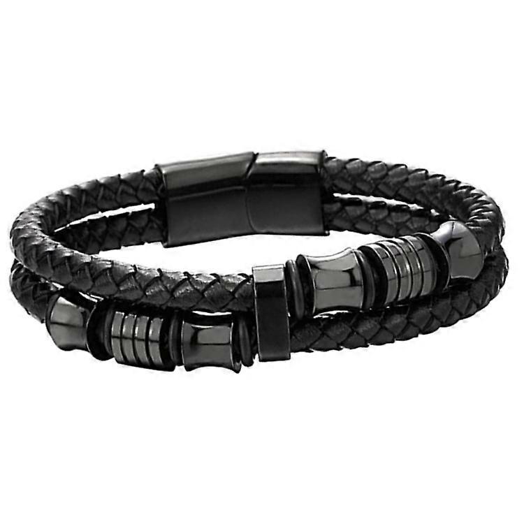 Men's Double Row Black Braided Leather Bracelet