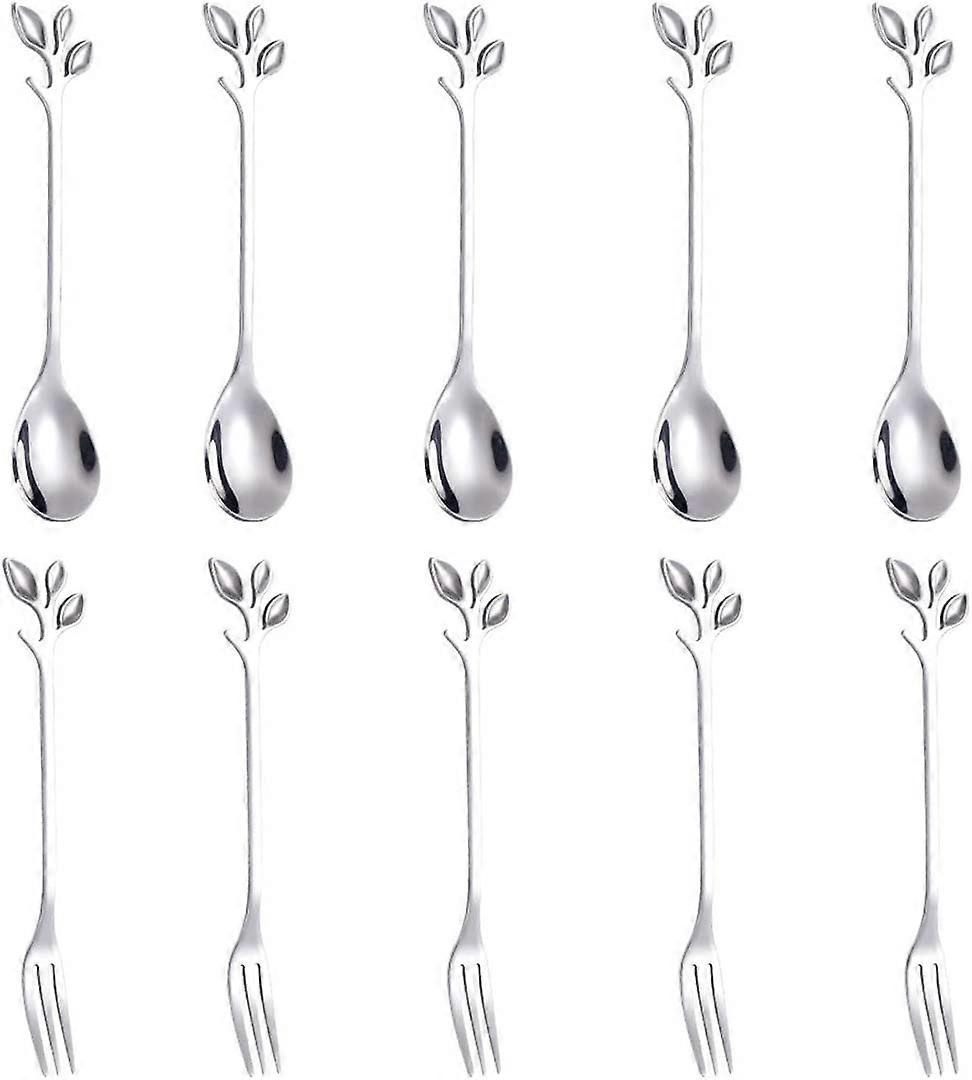 10PCS Stainless Steel Silver Leaf Coffee Spoon appetizer fork--Creative Tableware Dessert Spoons, Stirring, Mixing
