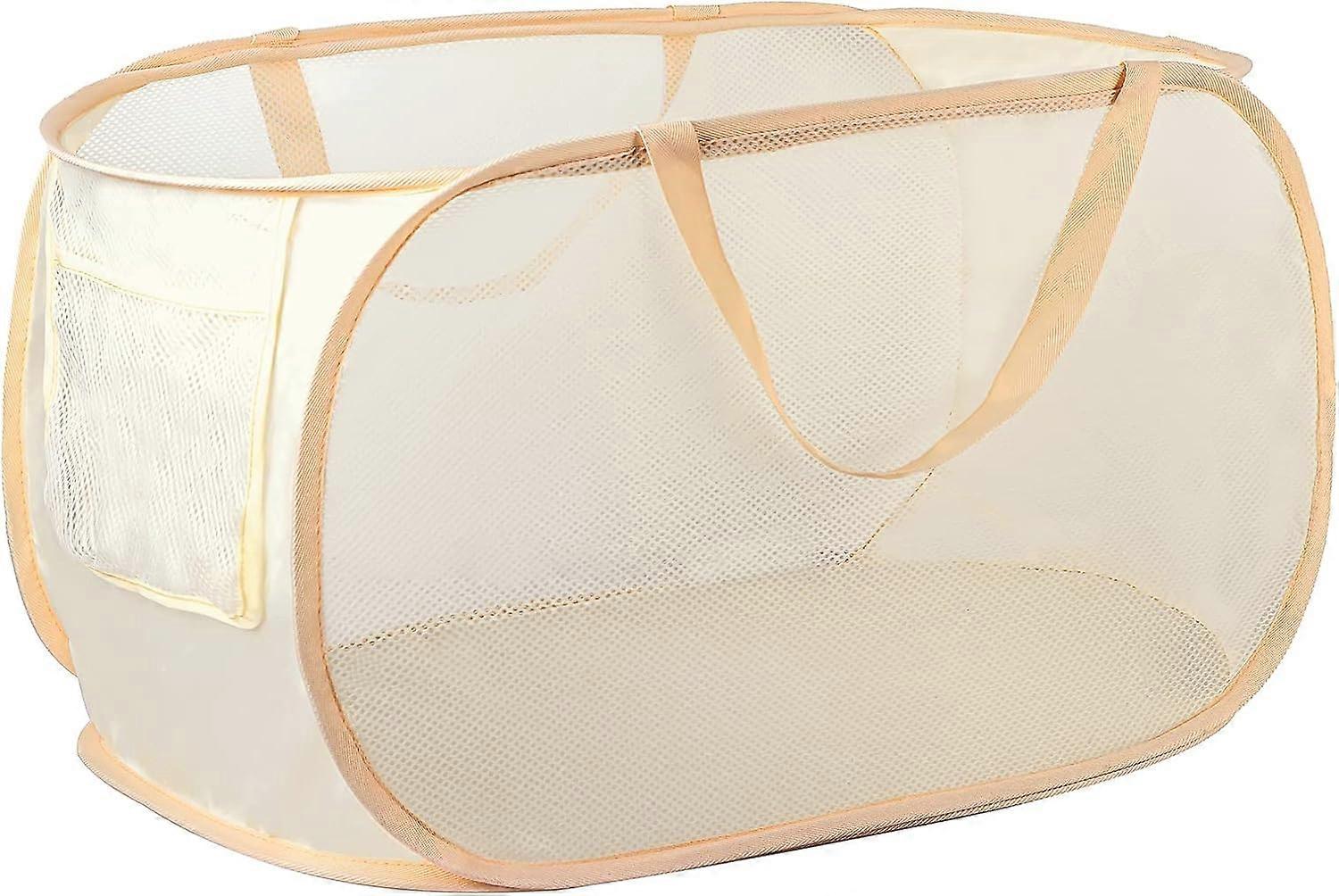 Foldable Laundry Hamper, Pop-Up Laundry Hamper, Foldable Mesh Dirty Laundry Hamper (Tear Resistant, with Power Handle) (Beige).
