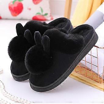 Autumn Winter Plush Slippers For Women Men Rabbit Ear  Indoor Furry Slippers Non-slip Thick Sole Couple Home Warm Shoes A-black1