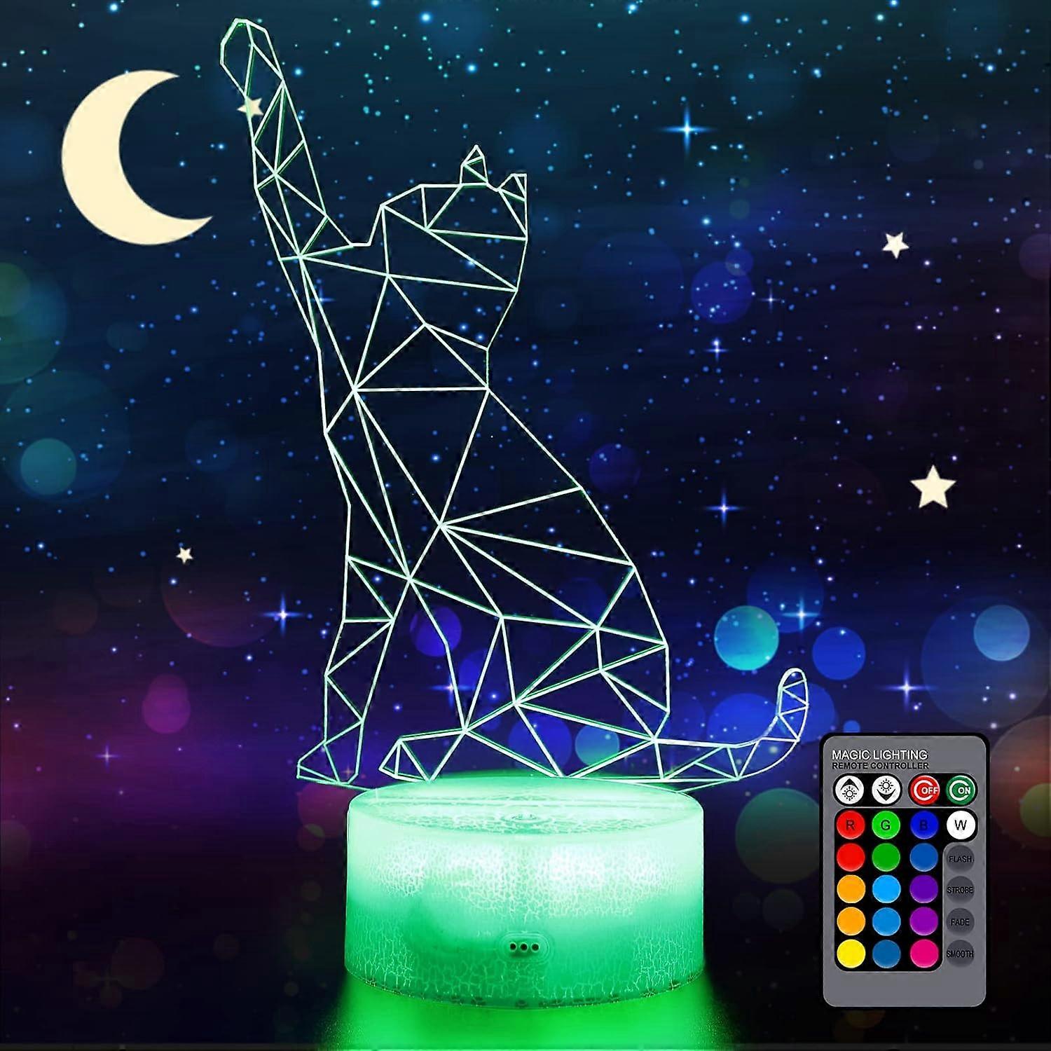 Cat 3D Night Light, 16 Colors, Smart Touch and Remote Control, Dimmable 3D Illusion Lamp