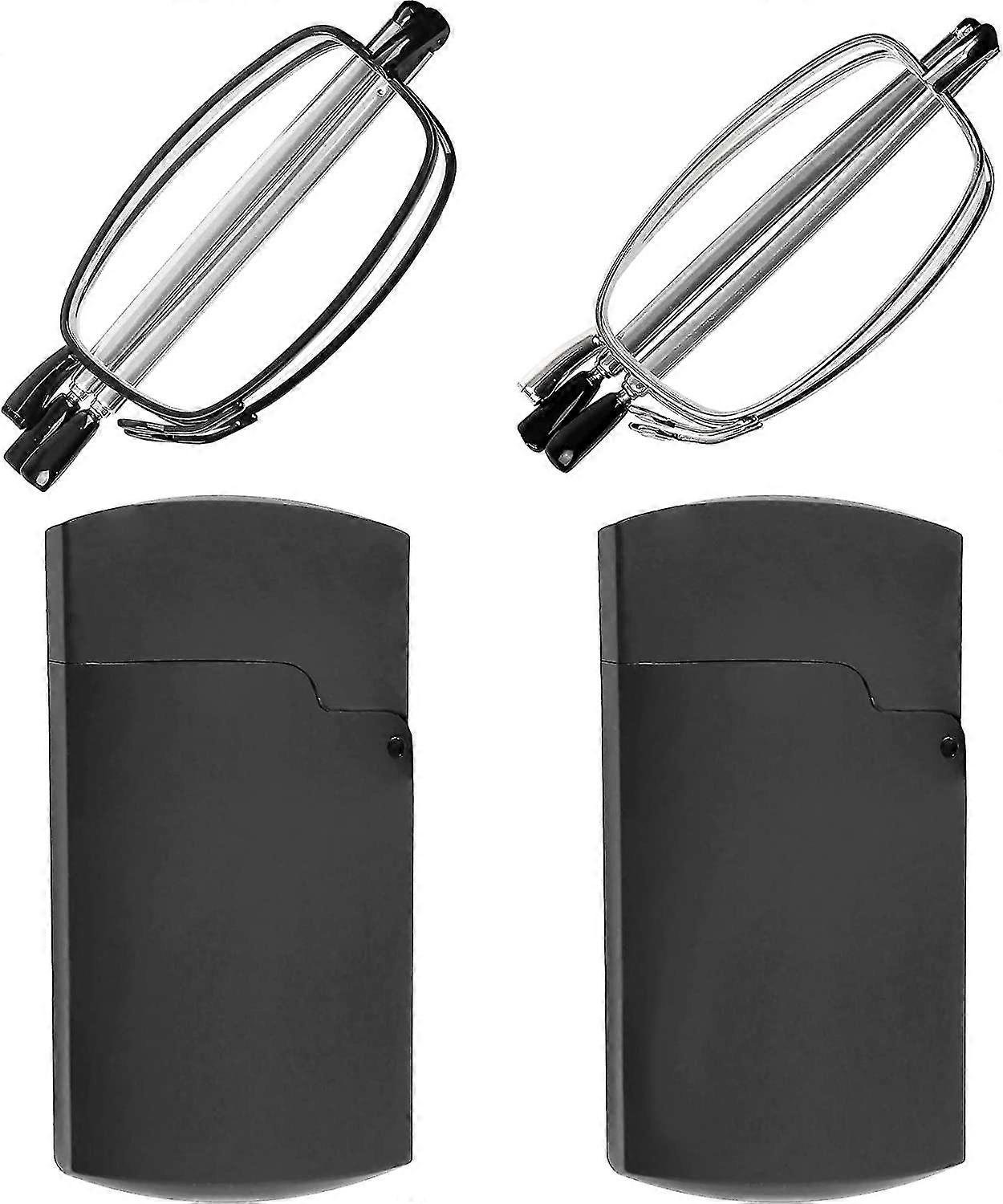 Reading Glasses 2 Pair Black And Gunmetal Readers Compact Folding Unisex Glasses For Reading Case Included