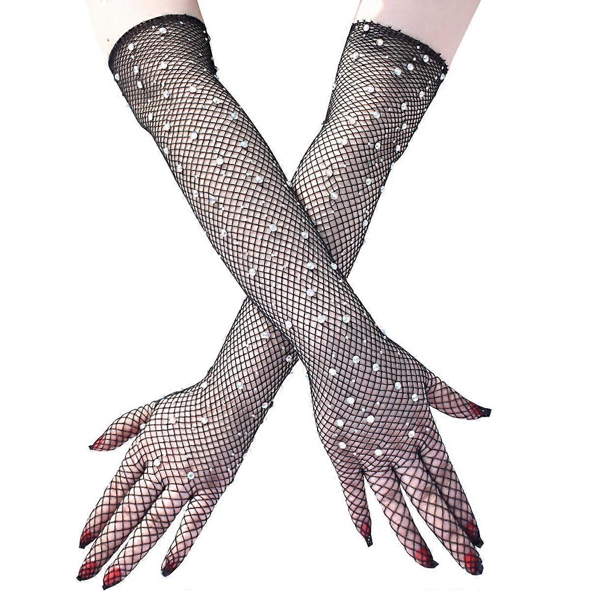 Fishnet Long Elbow Gloves Lace Gloves with Rhinestone for Wedding,Party,Dance
